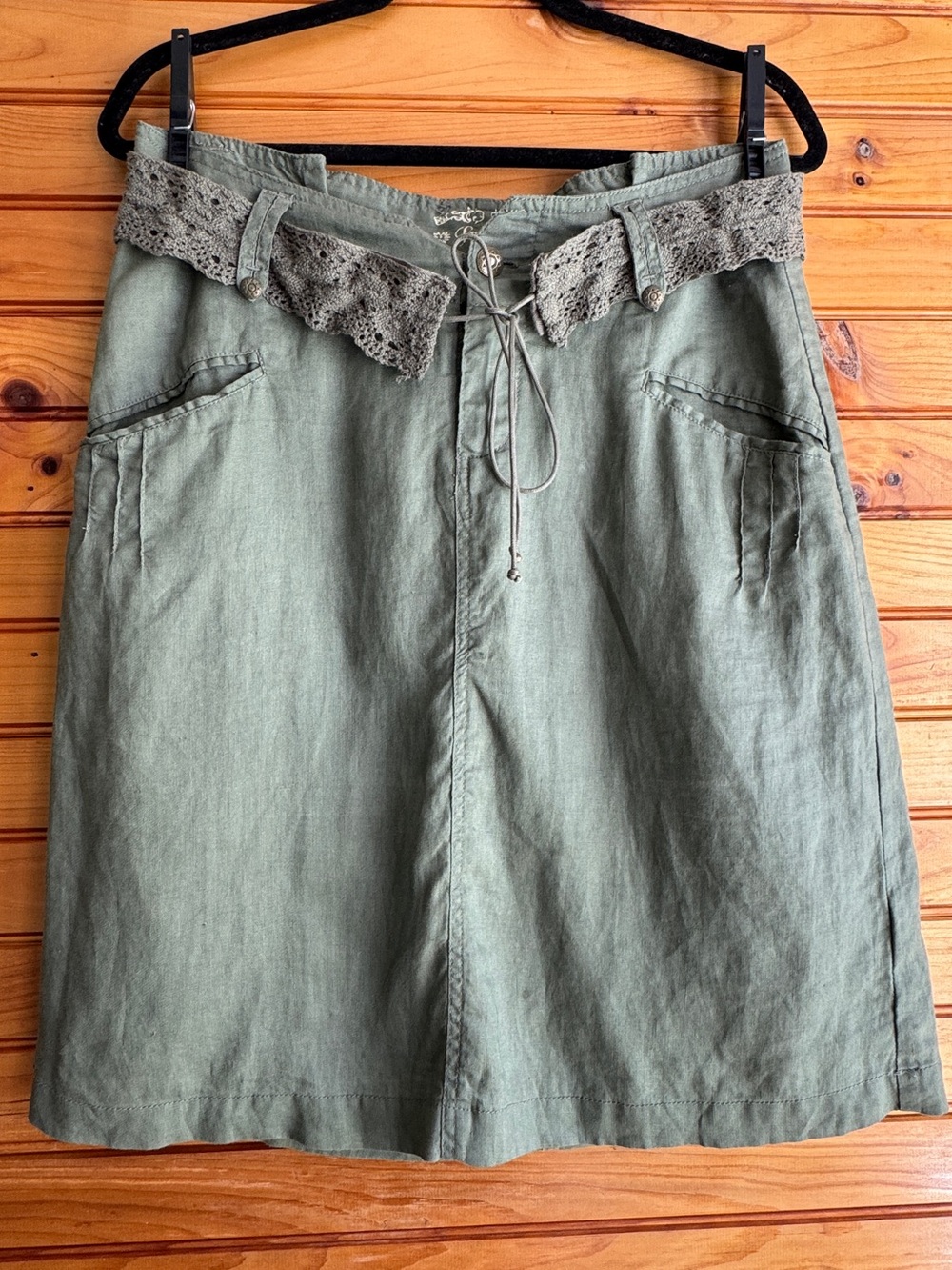Specchio Linen Midi Skirt Olive Green Crochet Belt Boho Lagenlook IT 44